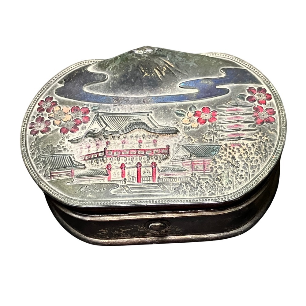 Vintage Japan Fuji Pagoda Trinket Scenic Keepsake Box Small Silver Oval Hinged - Picture 2 of 7